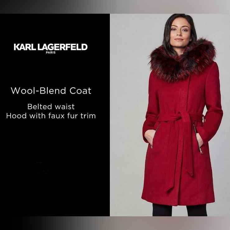 Karl Lagerfeld Paris Women's Wool-Blend Coat With Belt & Faux Fur Trim H